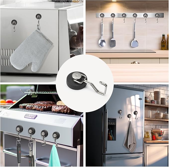 Magnetic Hooks for Grill & Refrigerator,Heavy Duty Magnet Cruise Ship Hook – Strong Magnet for Hanging Grill Tools, Kitchen Utensils, Towels, Outdoor Camping BBQ Accessories (Sliver，12 Pack)
