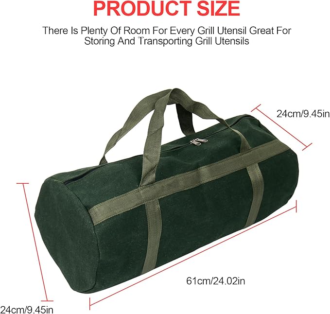 24" Grill Accessory Storage Bag, Tools Storage for Outdoor Grilling, Thick Canvas Double Zipper Utensil Carry Bag for Camping Hiking Barbecue, Dark Green