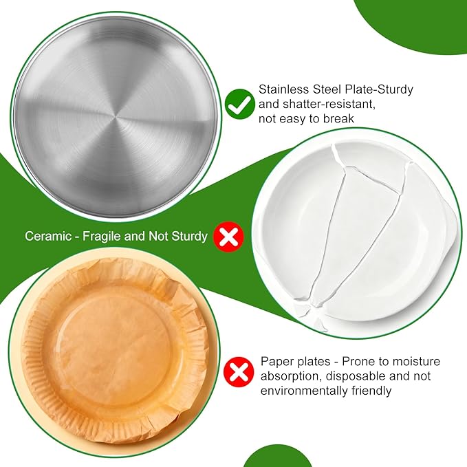 Stainless Steel Plates,2 PCS 10 inch Round Metal Food Serving Plates, Dinner Plates for Outdoor Camping Hiking, Party Serving, Feeding,Non Toxic & Reusable, Dishwasher Safe
