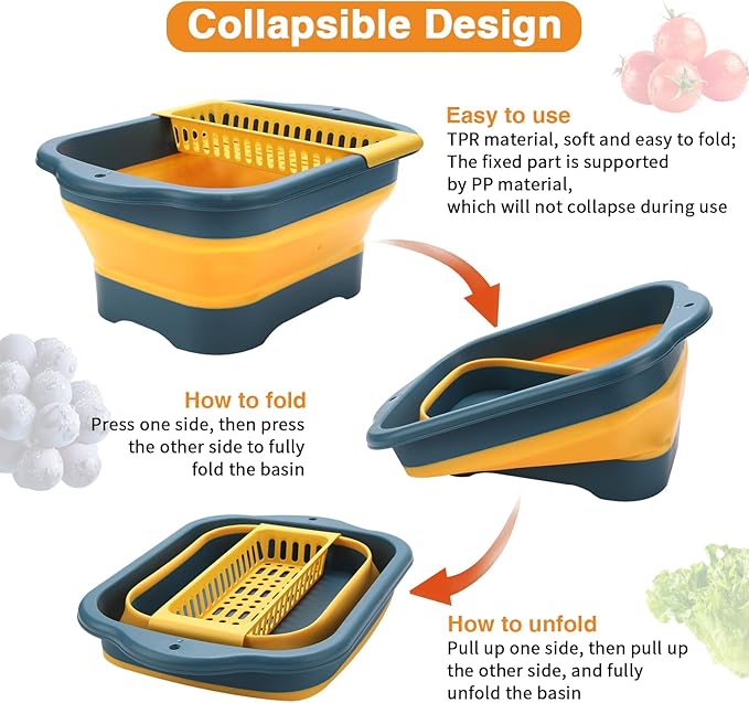 Collapsible Dish Basin with Drain Plug and Portable Sink, 11L(2.91 Gallon) collapsible Bucket with Sink, foldable Wash Basin for Station Campin/camping/Rv/Kitchen (Yellow)