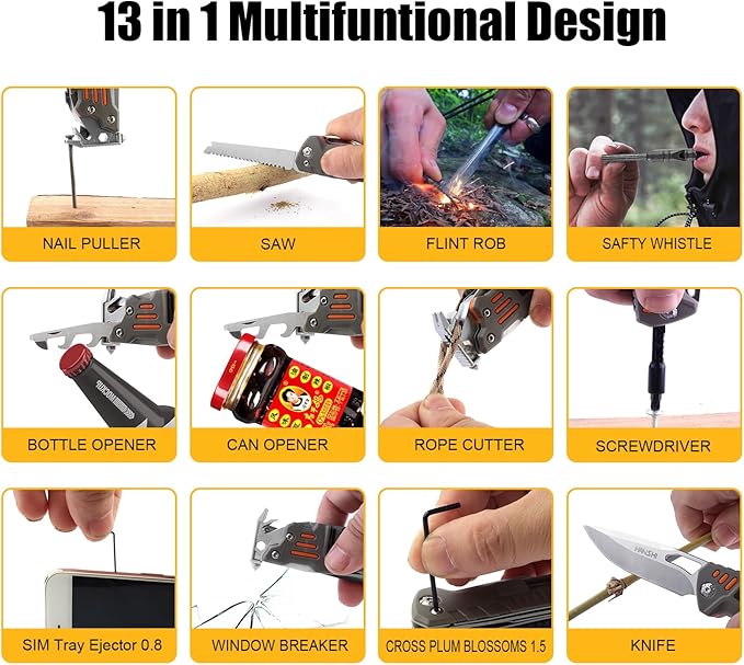 HANSHI 13 in 1 Multitool Knife with Nylon Sheath for Camping,Hiking,Survival,Outdoor Multi Tool Pocket Knife with Window Breaker,Birthday Christmas Valentine's Day Gift for Dad Mens Boyfriend(Black)