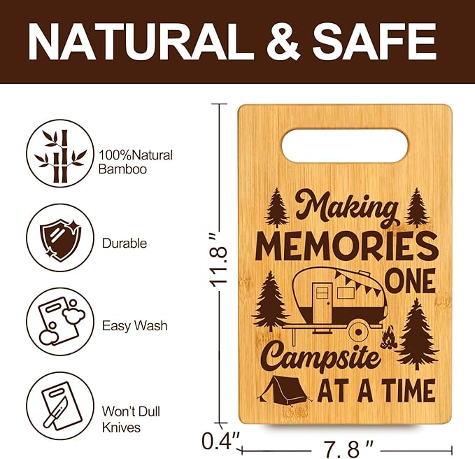Happy Camper Bamboo Cutting Board for Rv CamperLovers, Small Camper Kitchen Essentials for Women Men, Camping Birthday Housewarming Gifts for Kitchen Decor, Making Memories One Campsite At a Time