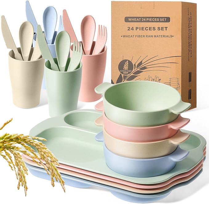 24 Pcs Wheat Straw Dinnerware Cutlery Set for Aldult Including Divided Plates Microwave Dishwasher Safe Bowl Unbreakable Tableware Straw Cutlery Spoon Knife Fork(Beige/pink/green/blue)