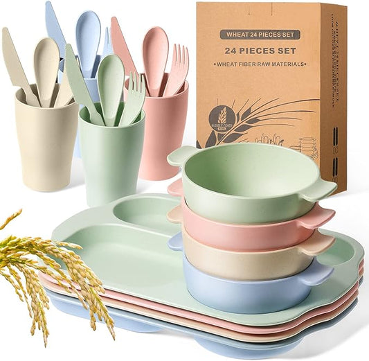 24 Pcs Wheat Straw Dinnerware Cutlery Set for Aldult Including Divided Plates Microwave Dishwasher Safe Bowl Unbreakable Tableware Straw Cutlery Spoon Knife Fork(Beige/pink/green/blue)