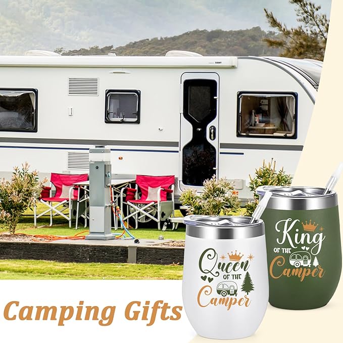 Lifecapido Camping Gifts, Queen of The Camper and King of The Camper 12oz Wine Tumblers Set, Camper Gifts Holiday Gifts Birthday Gifts Christmas Gifts for Capmer (2 Pack, White and Army Green)