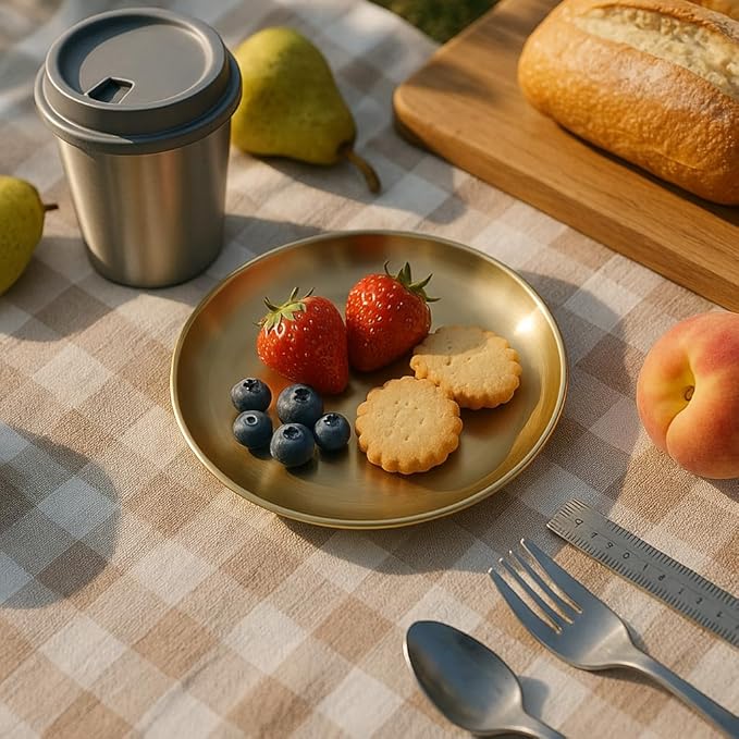Stainless Steel Gold Plates 2 Set Round Stainless Steel Dinner Dishes Metal Trays 5.5 Inch Great for Picnic,Outdoor Camping Plate,Shatterproof, Dishwasher Safe