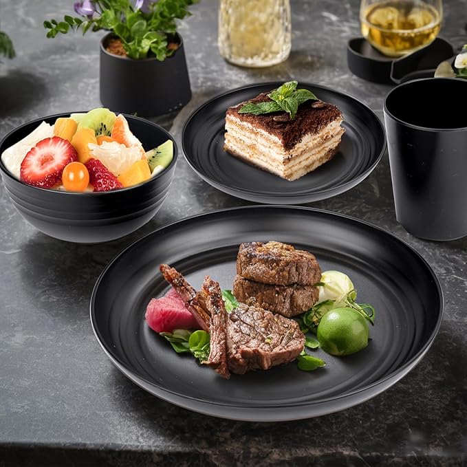 LIYH 16 Pcs Black Wheat Straw Dinnerware Set - Unbreakable Plates and Bowls Sets, Dish Sets for 4, Black Plastic Dinnerware Set Include Wheat Straw Dinner Plates Bowls Cups Kitchen & Camping