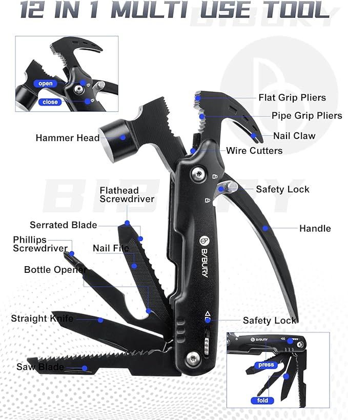 BIBURY Hammer Multitool, Fathers Day Gift from Daughter Son Wife, 12-in-1 Survival Gear Outdoor Multi Tool, Anniversary Birthday Gifts for Men, Cool Gadgets Survival EDC Multi-Tool