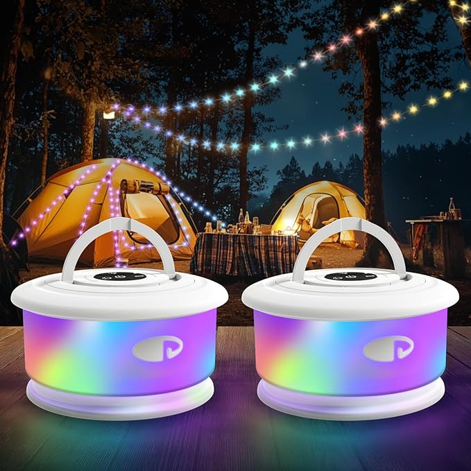 TOHETO 2-Pack Camping String Lights, 3 in 1 Upgraded Retractable RGB Outdoor String Lights with 19 Lighting Modes, Quick 30s Recovery, 32.8 FT Portable Tent Light, Rechargeable Camping Lantern (White)