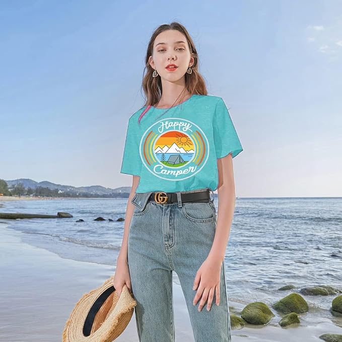 Happy Camp T-Shirt Women Hiking Mountain Adventure Novelty Workout Funny Saying Cute Graphic Athletic Shirt
