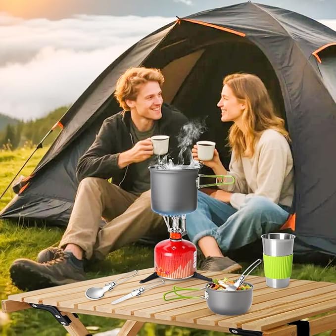 Gutsdoor Camping Cookware Set Camping Gear Campfire Utensils Non-Stick Cooking Equipment Lightweight Stackable Pot Pan Bowls with Storage Bag for Outdoor Hiking