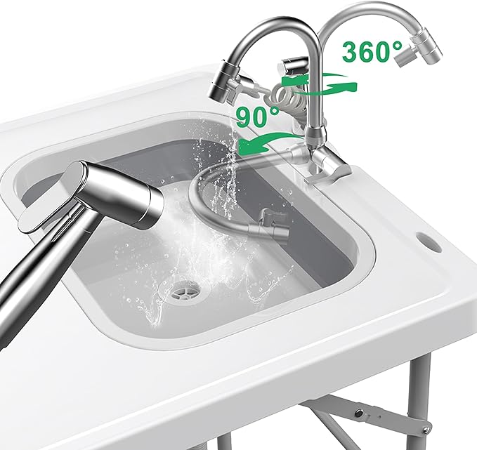 Allpop Fold-in-Half Fish Cleaning Table with Sink, 50'' Portable Folding Camping Fish Station with Drainage Hose, Faucet, Sprayer, Storage Box, Grooves & Carrying Bag for Picnic, White