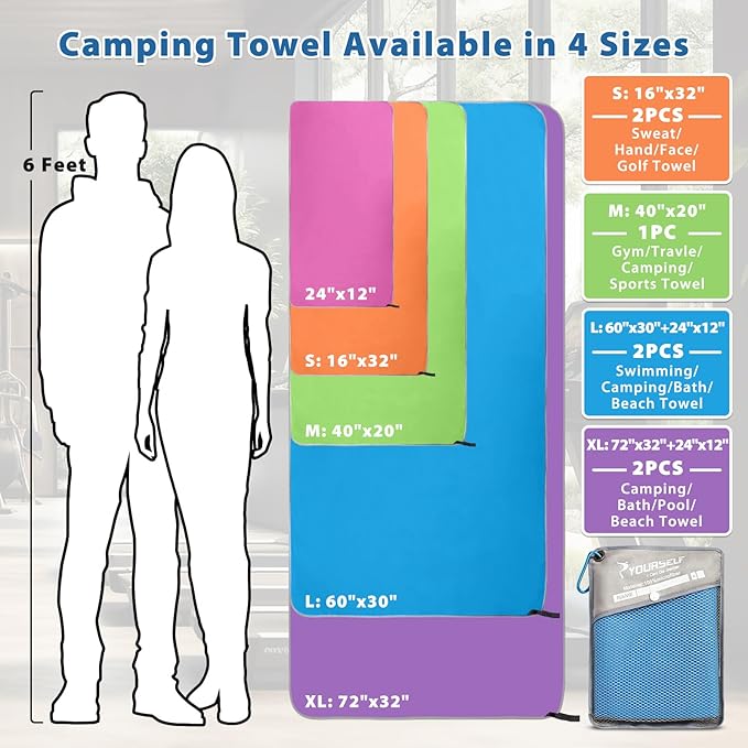 SYOURSELF 2 Pack Microfiber Camping Towel, Quick Dry Towel, Soft Absorbent Compact Travel Gym Workout Sweat Towel for Beach Yoga Swim Travel Camping Hiking Backpack Essentials (L:60"x30"+12"x24")