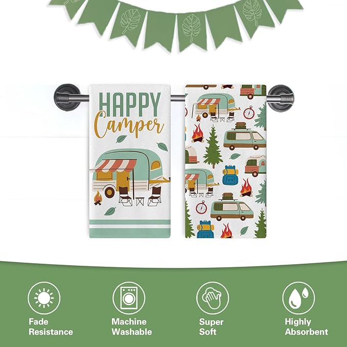 Happy Camper Kitchen Dish Towels Set of 2, Camping RV Adventure Travel Drying Hand Towel Baking Cooking Cloth, Campsite Campfire Tree Bathroom Home Decoration 18'' x 26''
