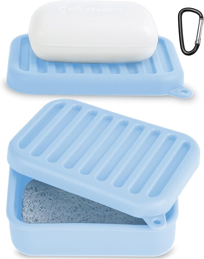 Silicone Travel Soap Case, Leak-Proof Bar Soap Container with Drain Tray, Portable Travel Soap Dish with Lid for Hiking, Gym, Camping, PortableToiletries Accessories (Blue)