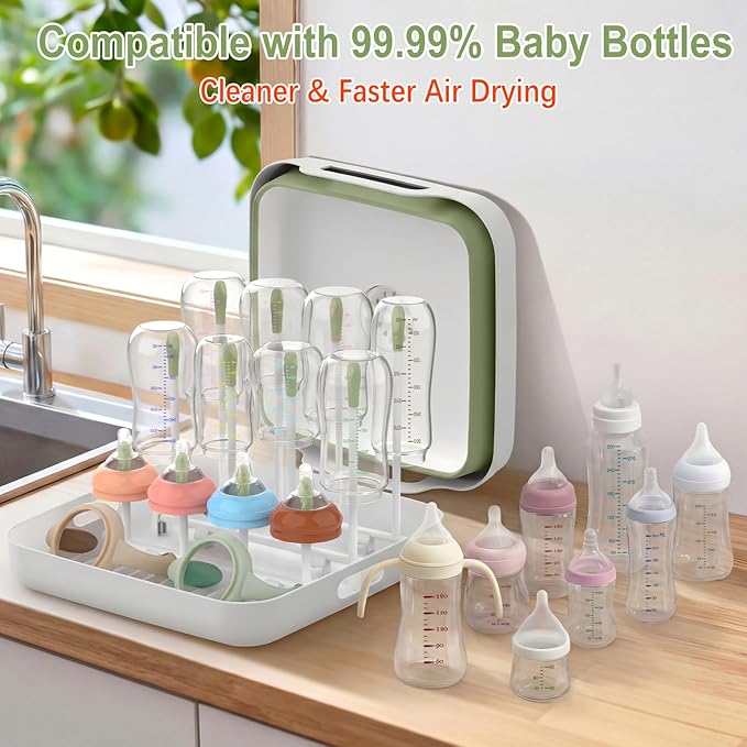 Collapsible Wash Basin for Baby Bottles with Drying Rack – 2.4 Gallon Foldable Dish Tub with Handles, Portable RV Camping Sink & Space-Saving Wash Bin with Lid for Kitchen, Travel & Outdoor, Green