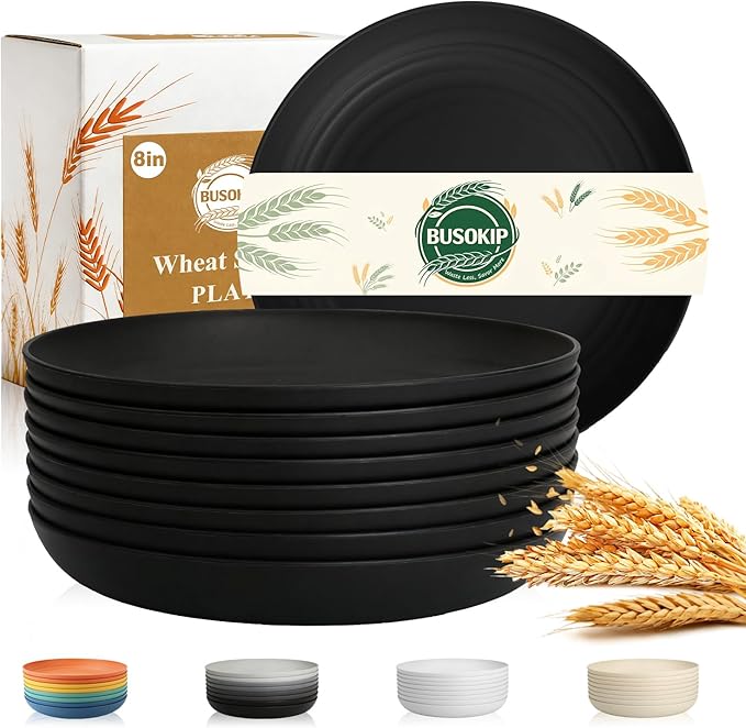 Dinner Plate 8 Inch, Unbreakable Wheat Straw Plates Set for 8, Alternatives to Plastic Plates Rusable, Microwave Safe Dessert Plate for Camping, Picnic, Party - Black