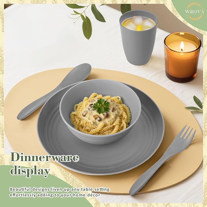 Wrova Wheat Straw Dinnerware Sets of 20,Dishwasher Safe Kitchen Plates and Bowls Sets,Camping Dishes Sets Contains Dinner Plates,Cereal Bowls,Drinking Cups and Flatware.(Grey)