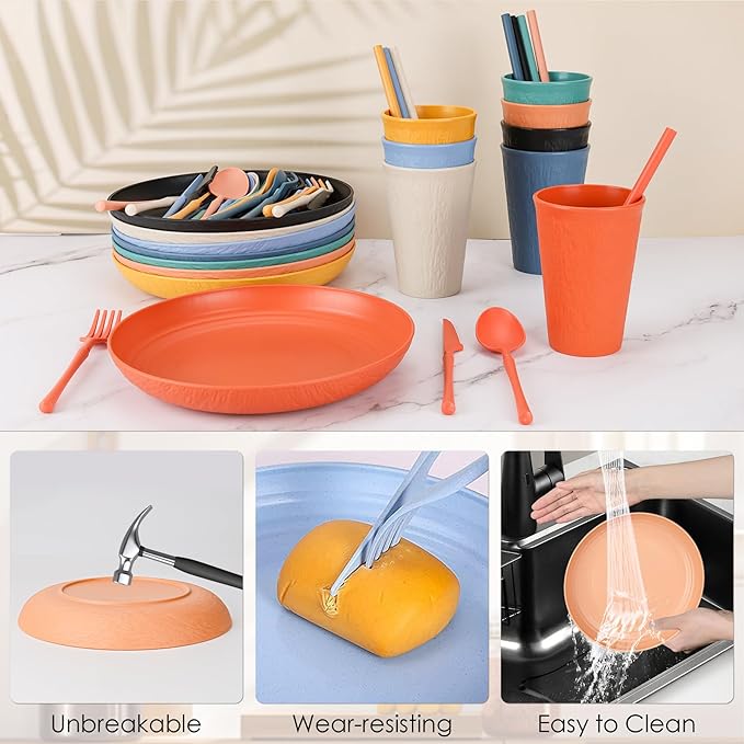 49pcs Dinnerware Sets for 8 People, Unbreakable Plates Sets, Reusable Storage Box, Travel Camping Picnic Home Party Cutlery Set, Dishwasher Microwave Safe Dishes