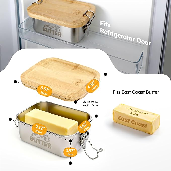 Stainless Steel Butter Dish with Lid, Airtight Cow Butter Keeper for Refrigerator & Countertop, Kitchen, Camping & Travel,Fits East Coast Butter (Small)
