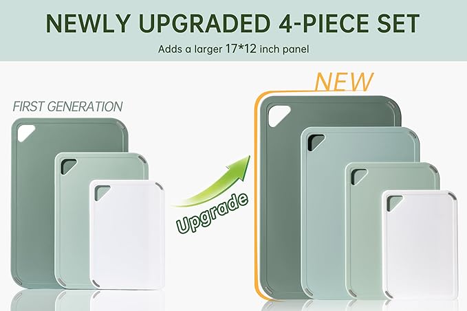 THETCHRY Plastic Cutting Board Set of 4, Extra Large Cutting Board for Kitchen with Non-Slip, Large -Small Chopping Board for Cooking, Bpa Free, with Grip Handle,Green