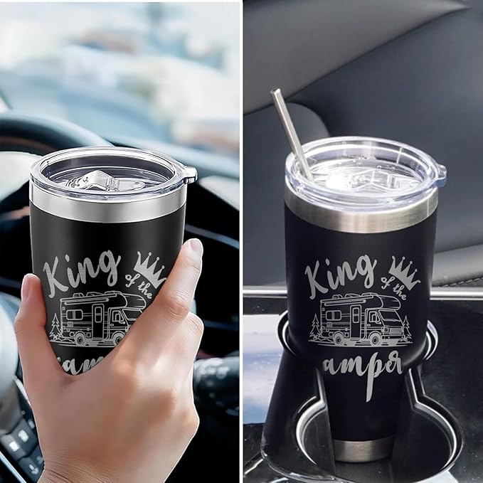 King of the Camper Tumbler, Perfect Camping Gifts for Men Dad Brother Husband Grandpa Outdoor Adventures Lovers, Christmas, Birthday Gifts for Campers, 20 oz Camping Tumbler with Lid Straws