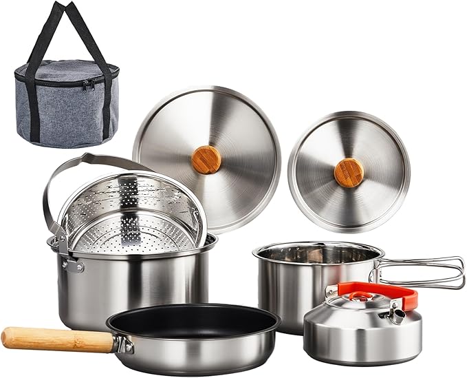 ROVSUN 34/10/6 pcs Camping Cookware Mess Kit, Lightweight Non-Stick Camping Cooking Pot and Pan Set with Stainless Steel Camping Gear Kettle Cup for Open Fire, Backpacking, Outdoor Cooking