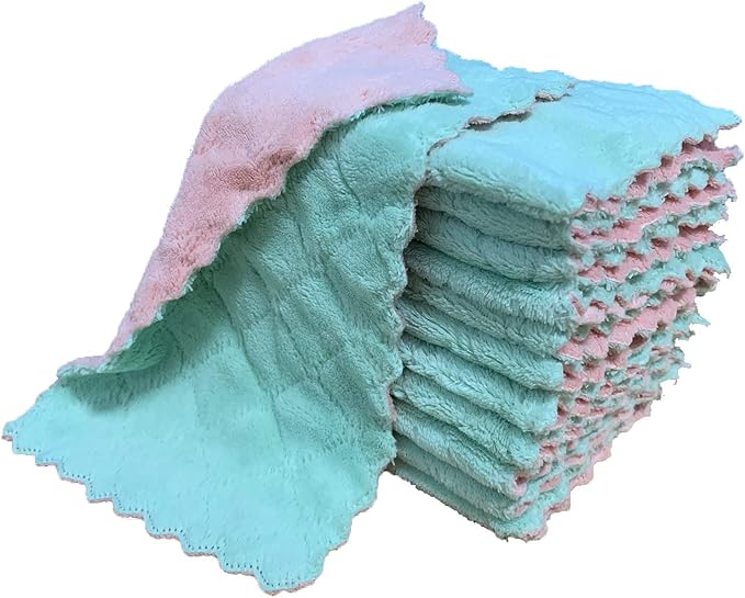 kimteny 12 Pack Kitchen Cloth Dish Towels, Premium Dishcloths, Super Absorbent Coral Velvet Dishtowels, Nonstick Oil Washable Fast Drying (Pink-Green)