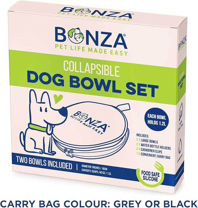 Bonza by Leash Boss Large Collapsible Dog Bowls Twin Pack, Portable Dog Water Bowls for Medium to Large Dogs, Lightweight, Sturdy, Leak Proof, Food Safe, Premium Quality Travel Pet Bowl Solution