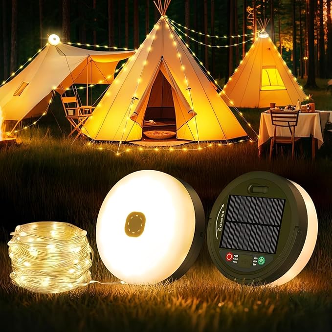 Solar Camping String Lights, 33FT 3000mAh Retractable 4 in 1 Camp Lights with 8 Modes, Portable Rechargeable Camp Lamp, Camping Lamp Outdoor Waterproof, Tent Light for Party, Yard, Hiking