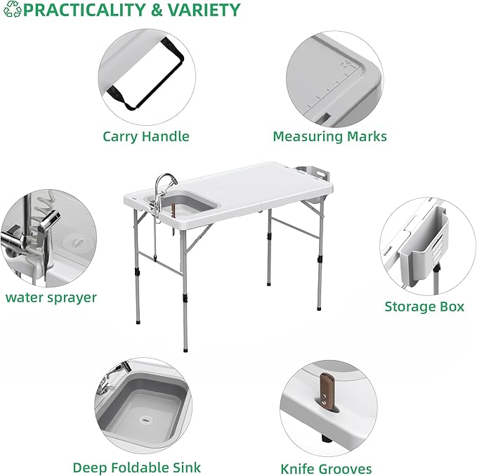 Allpop Fold-in-Half Fish Cleaning Table with Sink, 50'' Portable Folding Camping Fish Station with Drainage Hose, Faucet, Sprayer, Storage Box, Grooves & Carrying Bag for Picnic, White