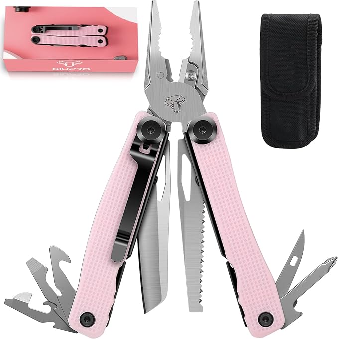 SIUPRO Multitool Pocket Knife for Men, Women, Tactical Multi Tool with Pliers, Saw, Screwdriver, All Self-Locking, Survival Gear With Clip and Pouch for Camping, Gifts Idea, Pink