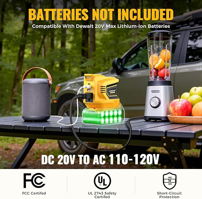LIVOWALNY 200W-250W Power Inverter Compatible with DeWALT 20V Battery (Battery Not Included), DC 20V to AC 110V-120V Portable Power Inverter, 1 AC Outlet, 2 USB Ports & 1 Type-C Port, LED Work Light