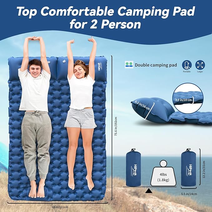 HiiPeak Double Sleeping Pad - Self Inflating 3" Extra-Thick for 2 Person with Pillow Built-in Foot Pump Inflatable Sleeping Mat for Backpacking, Hiking, Traveling, Tent, Portable Camping Mat (Blue)