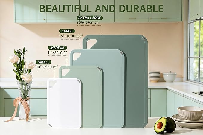 THETCHRY Plastic Cutting Board Set of 4, Extra Large Cutting Board for Kitchen with Non-Slip, Large -Small Chopping Board for Cooking, Bpa Free, with Grip Handle,Green
