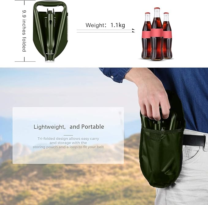 24.5" Collapsible Shovel, Heavy Duty Foldable Shovel for Camping and Pickax, Military Entrenching Tool for Gardening, Camping, Digging Dirt, Sand, Mud&Snow, Off Road, Car Emergency kit