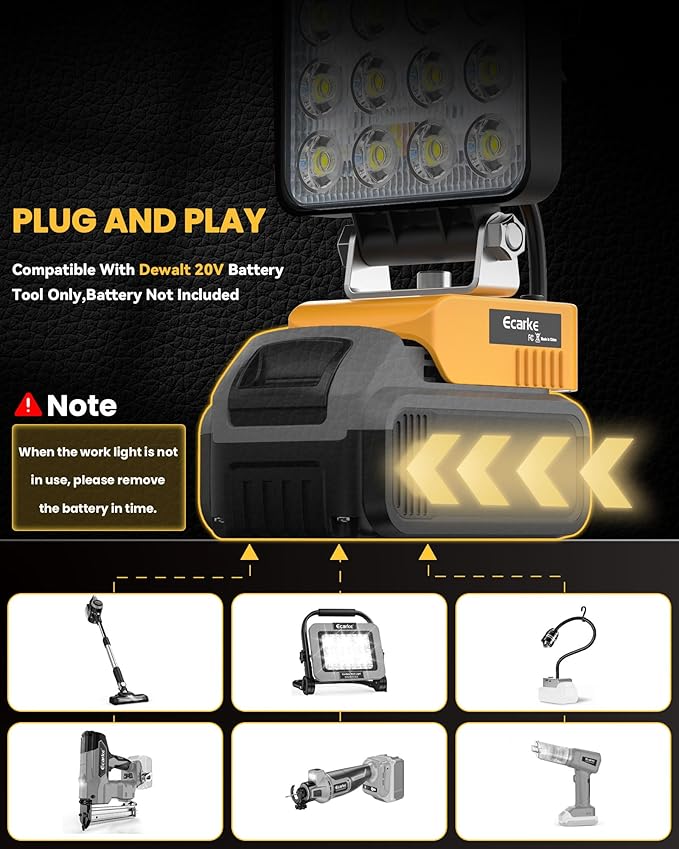 Ecarke 2 PCS Cordless LED Work Light Compatible with DeWALT 20V: 112W 11200LM Flashlight with USB & Type-C Charging Output Port, Portable Battery Flood Light Job Site, Camping, Battery Not Included