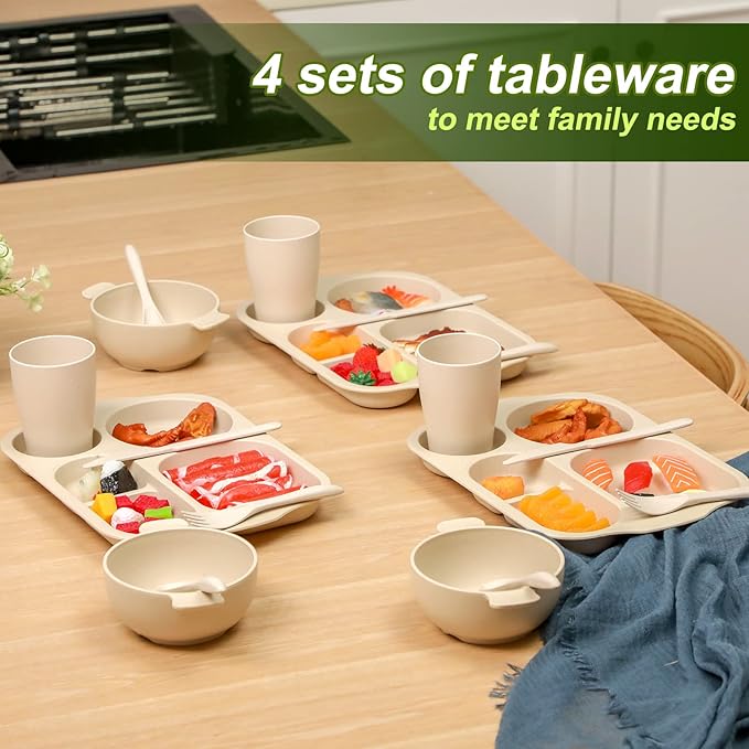 24 Pcs Wheat Straw Dinnerware Cutlery Set for Aldult Including Divided Plates Microwave Dishwasher Safe Bowl Unbreakable Tableware Straw Cutlery Spoon Knife Fork(Beige)