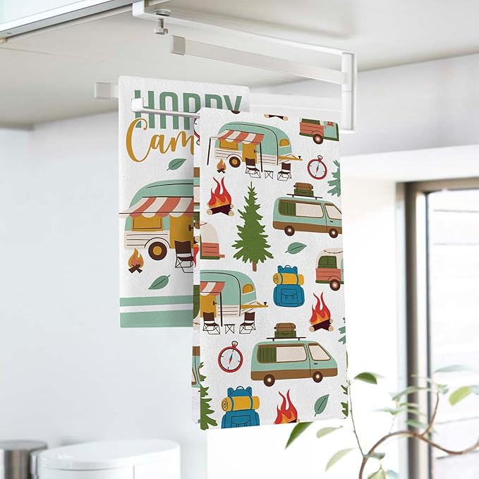 Happy Camper Kitchen Dish Towels Set of 2, Camping RV Adventure Travel Drying Hand Towel Baking Cooking Cloth, Campsite Campfire Tree Bathroom Home Decoration 18'' x 26''