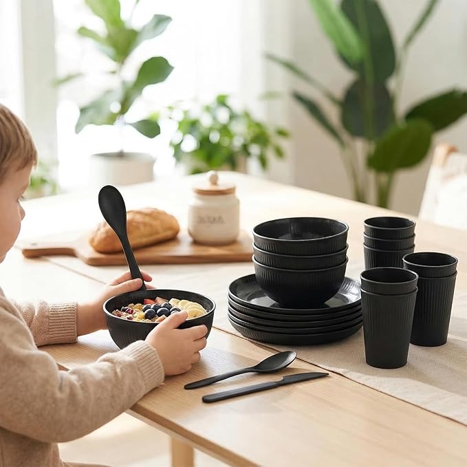 36 Pcs Wheat Straw Dinnerware Set,Dinnerware Sets for 6,Large Round Plates, Bowls and Cups, Unbreakable dish set, Dishwasher and Microwave Safe, Outdoor Camping Dishes (Black)