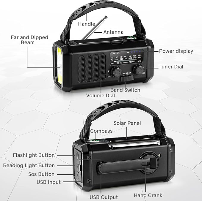 Leaton Emergency NOAA Weather Radio, 10000mAh/37000mWh, Solar Hand Crank Radio with AM/FM, Flashlight Reading Light, Rechargeable Battery, for Camping Safety & Survival Equipment Outdoor Emergencies