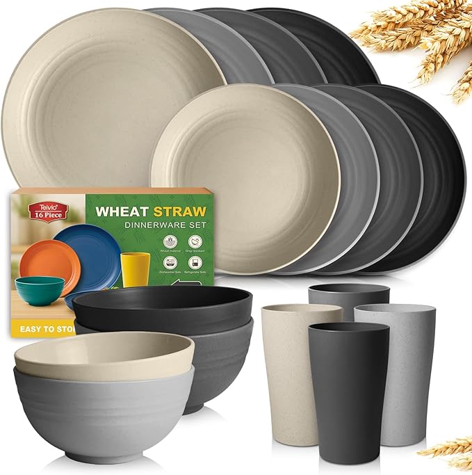 Teivio 16-Piece Kitchen Plastic Wheat Straw Dinnerware Set, Service for 4, Dinner Plates, Dessert Plate, Cereal Bowls, Cups, Unbreakable Plastic Outdoor Camping Dishes,Gray Stone