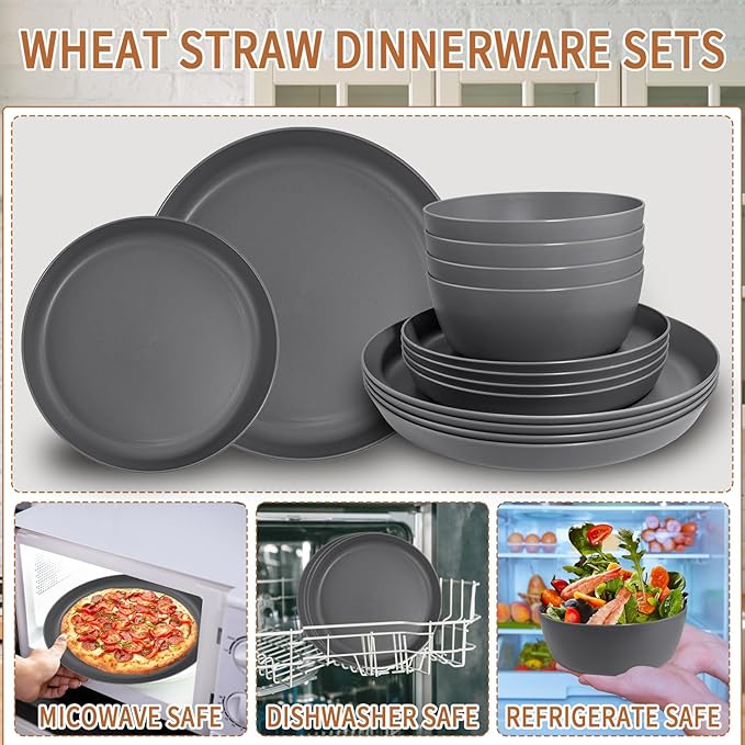 EI 12pcs Wheat Straw Dinnerware Set of 4,Kitchen Plates and Bowls,Reuasble Plates,Unbreakable Dinner Plate,Hard Premium Plastic Plate for Camping,Picninc,Halloween