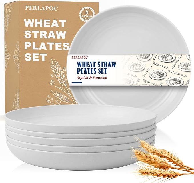 10 Inch Wheat Straw Plates Set of 6, Unbreakable Deep Dish Dinner Plates, BPA-Free Reusable Plastic Plates, Microwave and Dishwasher Safe for Kitchen, Camping, Party, White