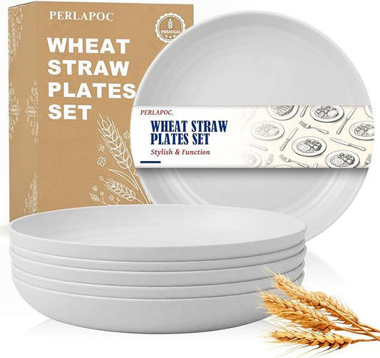 10 Inch Wheat Straw Plates Set of 6, Unbreakable Deep Dish Dinner Plates, BPA-Free Reusable Plastic Plates, Microwave and Dishwasher Safe for Kitchen, Camping, Party, White