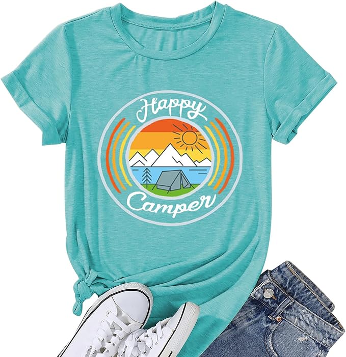 Happy Camp T-Shirt Women Hiking Mountain Adventure Novelty Workout Funny Saying Cute Graphic Athletic Shirt