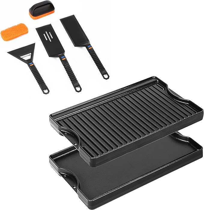 Utheer Griddle Kit, 16.5" x 10.5" Reversible Cast Iron Flat Top Griddle with 5-Piece Scratch-Free Silicone Tools, Ceramic Nonstick Grill Griddle for Stove Top, Gas Grill, BBQ and Camping