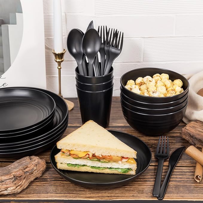 LIYH 28 Pcs Black Wheat Straw Dinnerware Sets - Plates and Bowls Sets, Unbreakable Dinnerware Set Reusable Plates, Bowls, Cups & Cutlery - Lightweight, Dish Set for Kitchen & Camping