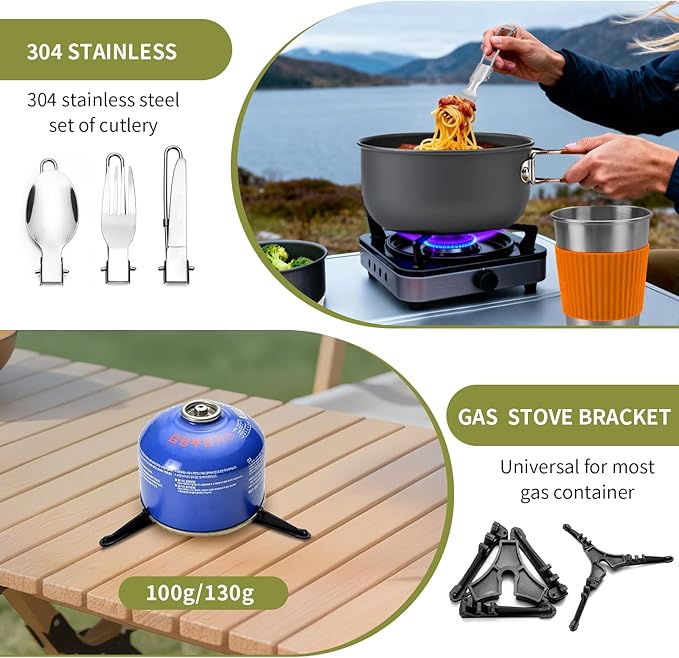 aiGear 8pcs Camping Cookware Mess Kit, Camping Pot and Pan Set with Mini Backpacking Stove, Stainless Steel Cup, Spork and Tank Bracket, Cooking Gear for Hiking Camping Outdoor Picnic