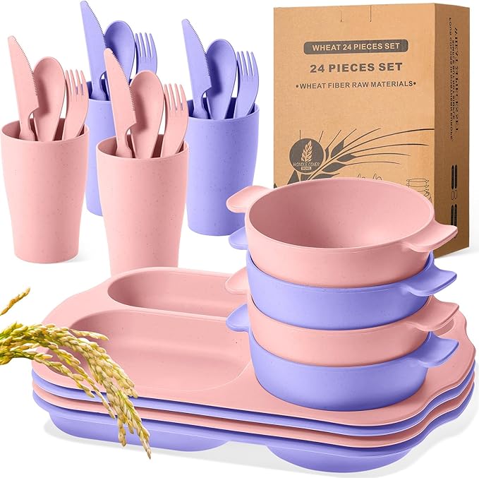 24 Pcs Wheat Straw Dinnerware Cutlery Set for Aldult Including Divided Plates Microwave Dishwasher Safe Bowl Unbreakable Tableware Straw Cutlery Spoon Knife Fork(Light Purple, Light Pink)